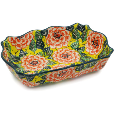Polish Pottery Rectangular Baker 11" Orange Peonies UNIKAT