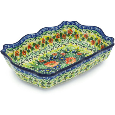 Polish Pottery Rectangular Baker 11" Peach Rose Meadow UNIKAT