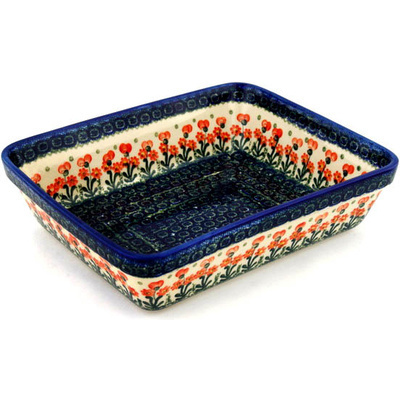 Polish Pottery Rectangular Baker 11&quot; Peach Spring Daisy