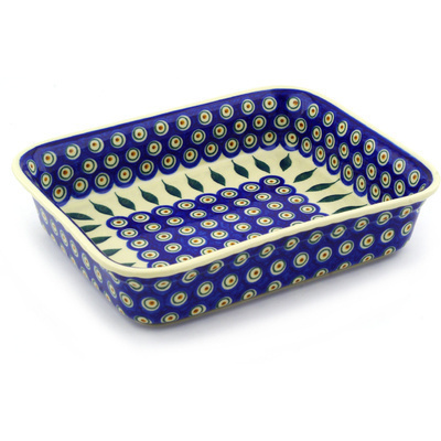 Polish Pottery Rectangular Baker 11&quot; Peacock