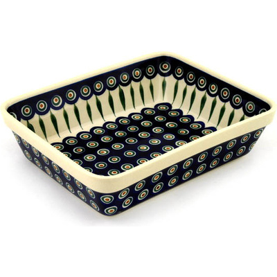 Polish Pottery Rectangular Baker 11" Peacock Leaves