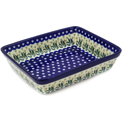 Polish Pottery Rectangular Baker 11" Pushing Daisy Peacock