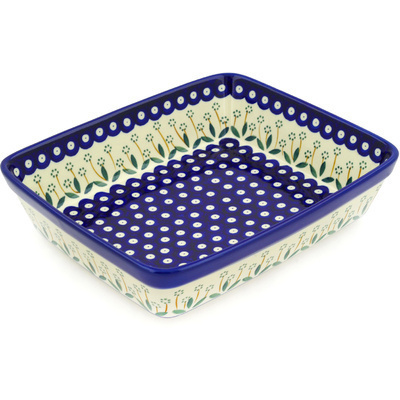Polish Pottery Rectangular Baker 11" Pushing Daisy Peacock