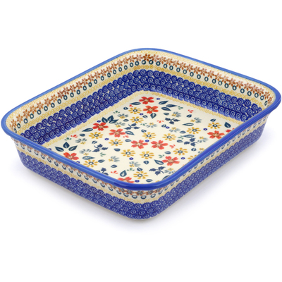 Polish Pottery Rectangular Baker 11" Red Anemone Meadow UNIKAT
