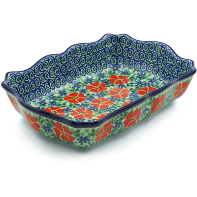 Polish Pottery Rectangular Baker 11&quot; Red Poppy Delight UNIKAT