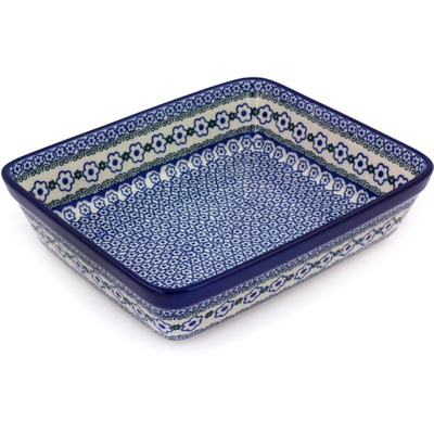 Polish Pottery Rectangular Baker 11" White Daisy Dots