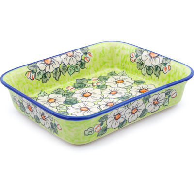 Polish Pottery Rectangular Baker 11" White Flower Bouquet UNIKAT
