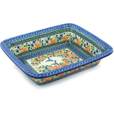 Polish Pottery Rectangular Baker 12&quot; Birds In Flight UNIKAT