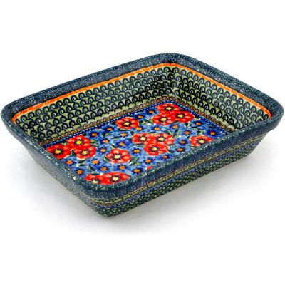 Polish Pottery Rectangular Baker 12&quot; Blue And Red Poppies UNIKAT
