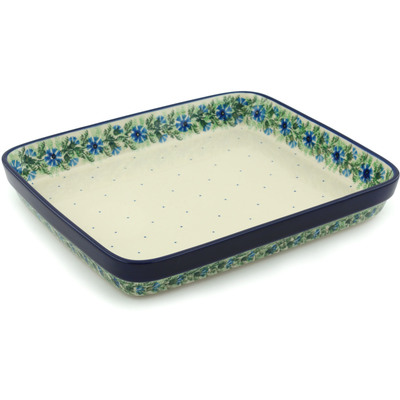 Polish Pottery Rectangular Baker 12" Blue Bell Wreath