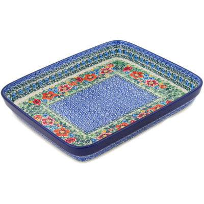 Polish Pottery Rectangular Baker 12&quot; Blue Daisy Bouquet UNIKAT
