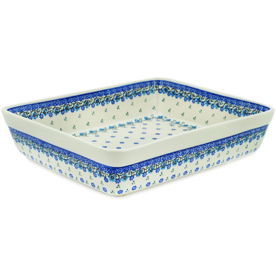 Polish Pottery Rectangular Baker 12" Blue Delicate Flower