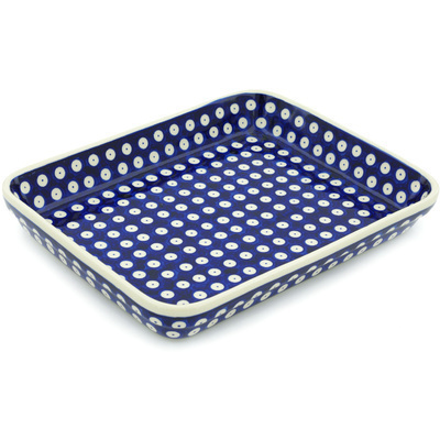 Polish Pottery Rectangular Baker 12&quot; Blue Eyed Peacock