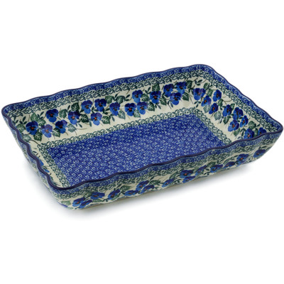 Polish Pottery Rectangular Baker 12" Blue Pansy