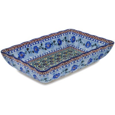 Polish Pottery Rectangular Baker 12&quot; Blue Poppy Circle UNIKAT
