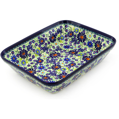 Polish Pottery Rectangular Baker 12" Blue Summer Garden