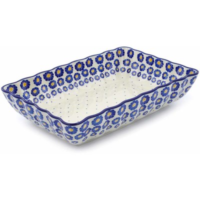 Polish Pottery Rectangular Baker 12" Blue Zinnia