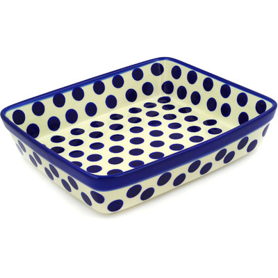 Polish Pottery Rectangular Baker 12" Bold Blue Dots