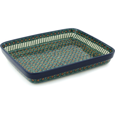 Polish Pottery Rectangular Baker 12&quot; Emerald Peacock