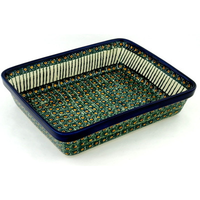 Polish Pottery Rectangular Baker 12&quot; Emerald Peacock