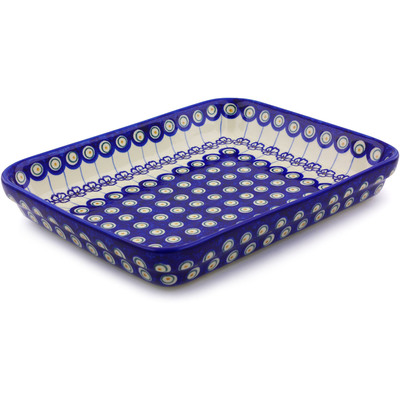 Polish Pottery Rectangular Baker 12" Flowering Peacock