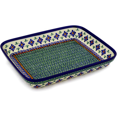 Polish Pottery Rectangular Baker 12" Gingham Flowers