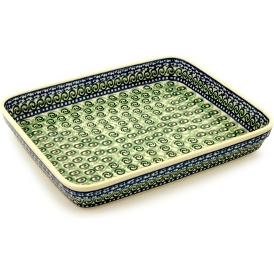 Polish Pottery Rectangular Baker 12" Green Galaxy
