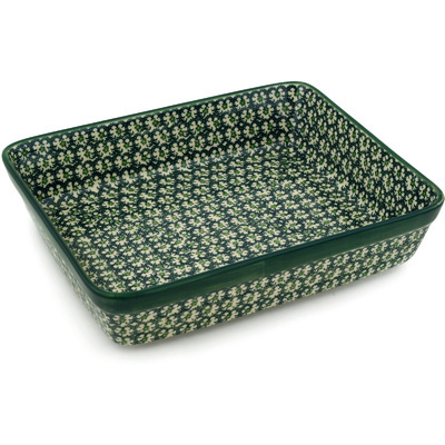 Polish Pottery Rectangular Baker 12&quot; Green Garlands