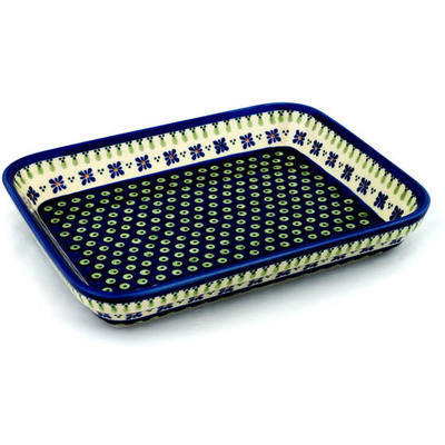 Polish Pottery Rectangular Baker 12&quot; Green Gingham Peacock