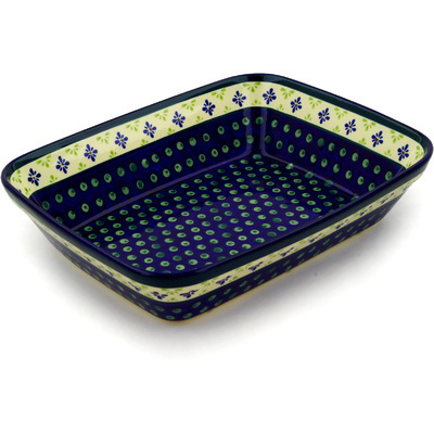 Polish Pottery Rectangular Baker 12&quot; Green Gingham Peacock