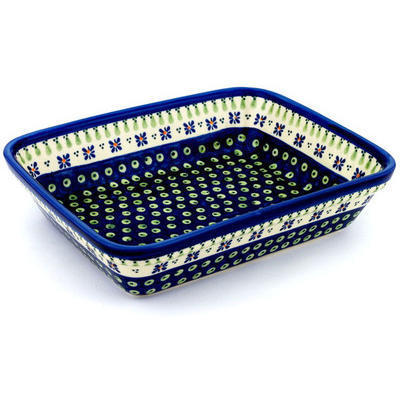Polish Pottery Rectangular Baker 12" Green Gingham Peacock