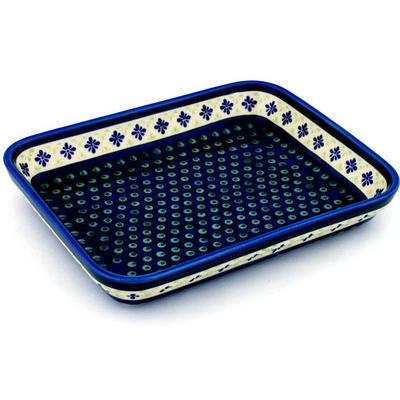 Polish Pottery Rectangular Baker 12" Green Gingham Peacock