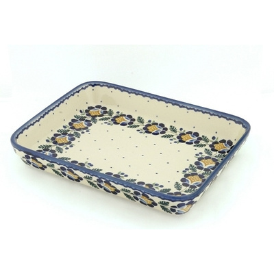 Polish Pottery Rectangular Baker 12&quot; Orange And Blue Flower