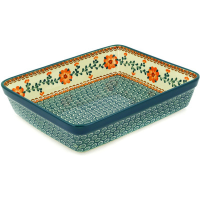 Polish Pottery Rectangular Baker 12" Orange Poppies