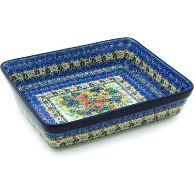 Polish Pottery Rectangular Baker 12&quot; Pansy Garden UNIKAT
