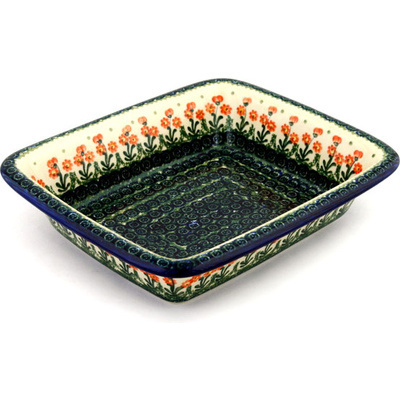 Polish Pottery Rectangular Baker 12&quot; Peach Spring Daisy