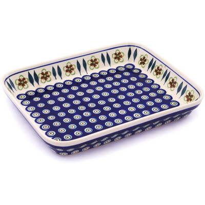 Polish Pottery Rectangular Baker 12" Peacock Garden