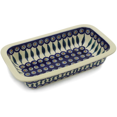 Polish Pottery Rectangular Baker 12" Peacock Leaves