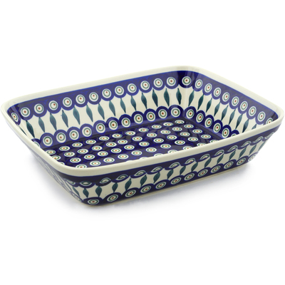 Polish Pottery Rectangular Baker 12" Peacock Leaves