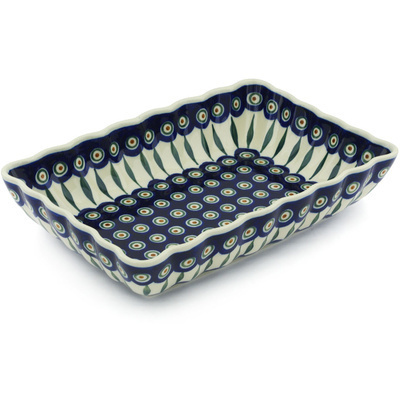 Polish Pottery Rectangular Baker 12" Peacock Leaves