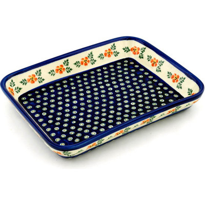 Polish Pottery Rectangular Baker 12" Poinsetia Peacock