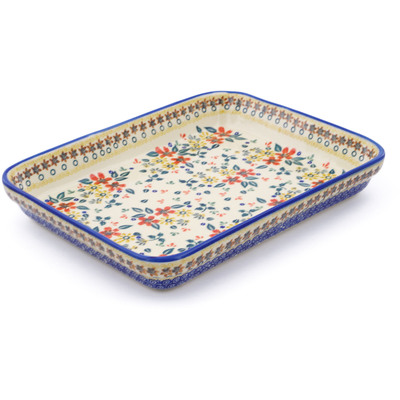 Polish Pottery Rectangular Baker 12" Red Anemone Meadow UNIKAT