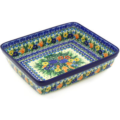 Polish Pottery Rectangular Baker 12" Splendid Blue Meadow UNIKAT