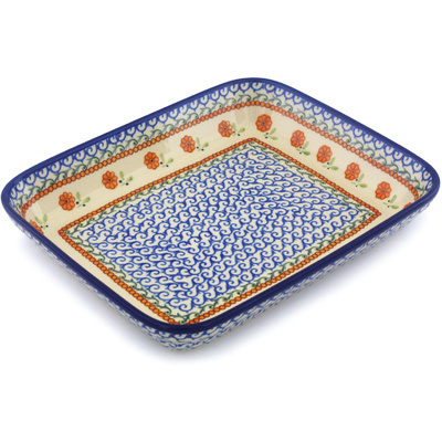 Polish Pottery Rectangular Baker 12" Sunflower Waves