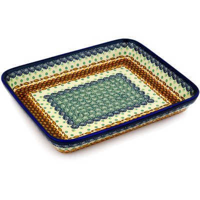 Polish Pottery Rectangular Baker 13&quot; Artichoke Heart UNIKAT