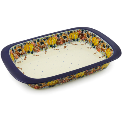 Polish Pottery Rectangular Baker 13" Autumn Falling Leaves UNIKAT