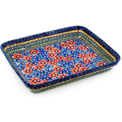 Polish Pottery Rectangular Baker 13&quot; Blue And Red Poppies UNIKAT