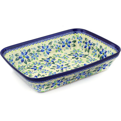 Polish Pottery Rectangular Baker 13" Blue Clematis
