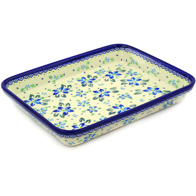 Polish Pottery Rectangular Baker 13" Blue Clematis