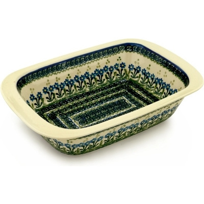 Polish Pottery Rectangular Baker 13" Blue Daisy Circle